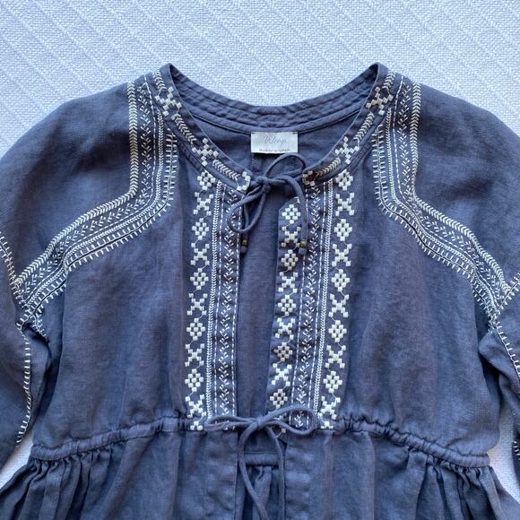 Wrap London 100% Linen Embroidered Peplum Top Tie Front Blue Gray Boho Size 2 - Picture 4 of 7